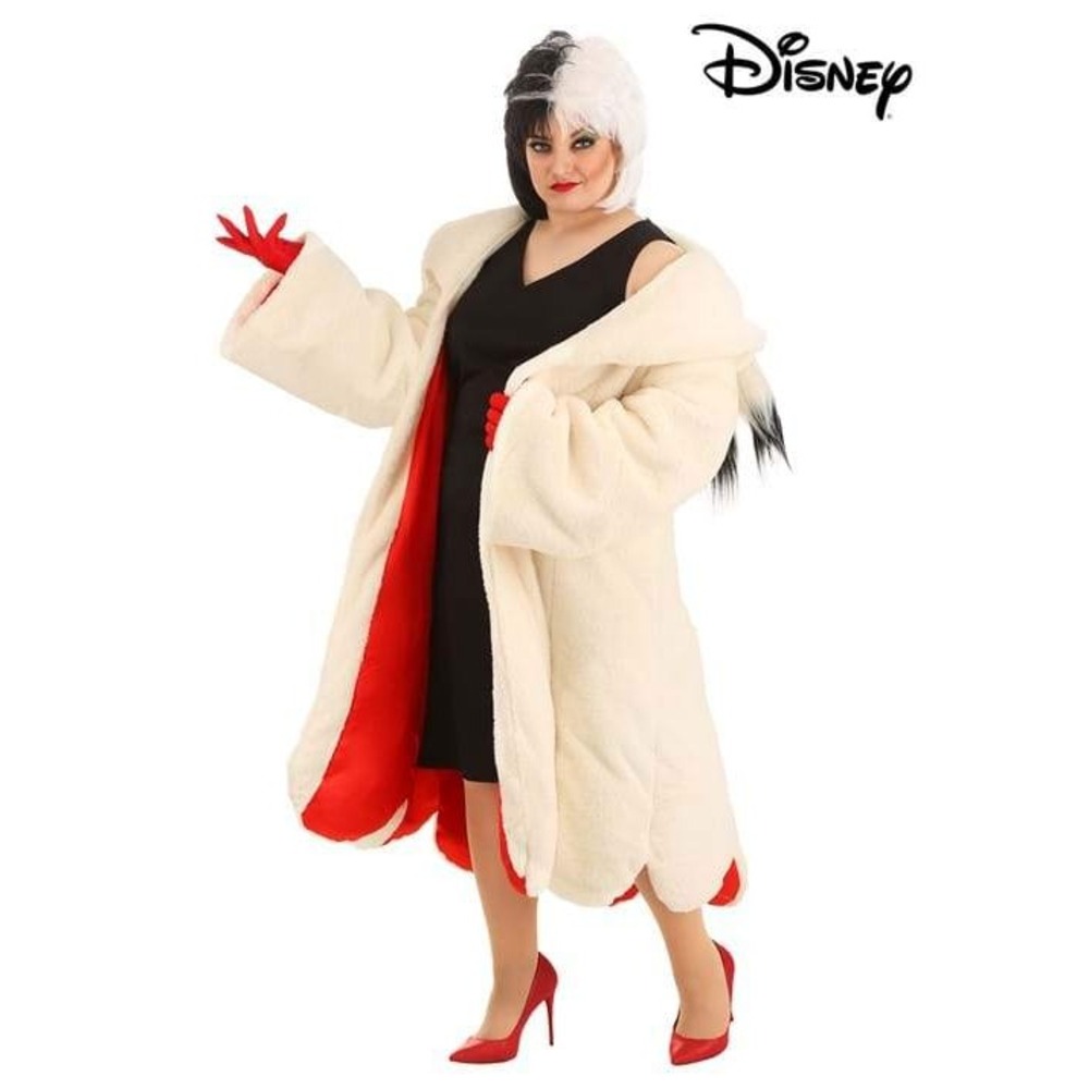 Disney Cruella De Vil Costume Faux Fur Coat and Black Wig Set 101 Dalmatians